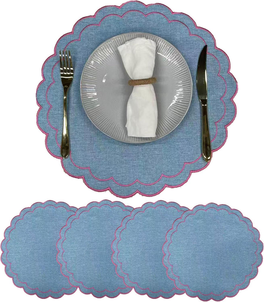 Linen Cotton Placemats Set of 4 Scalloped Flower Embroidery Place Mats 15'' Natural Linen Texture Fabric Machine Washable Table Mats for Restaurant Kitchen,Table Decor(Blue)