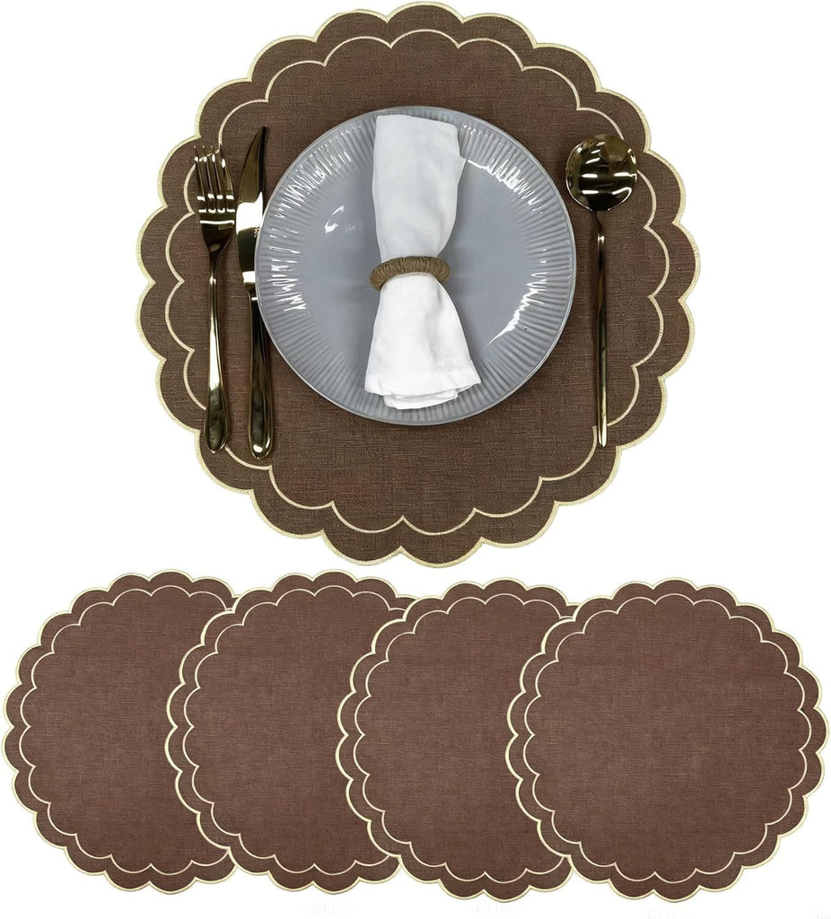Linen Cotton Placemats Set of 4 Scalloped Flower Embroidery Place Mats 15'' Natural Linen Texture Fabric Machine Washable Table Mats for Restaurant Kitchen,Table Decor(Brown)