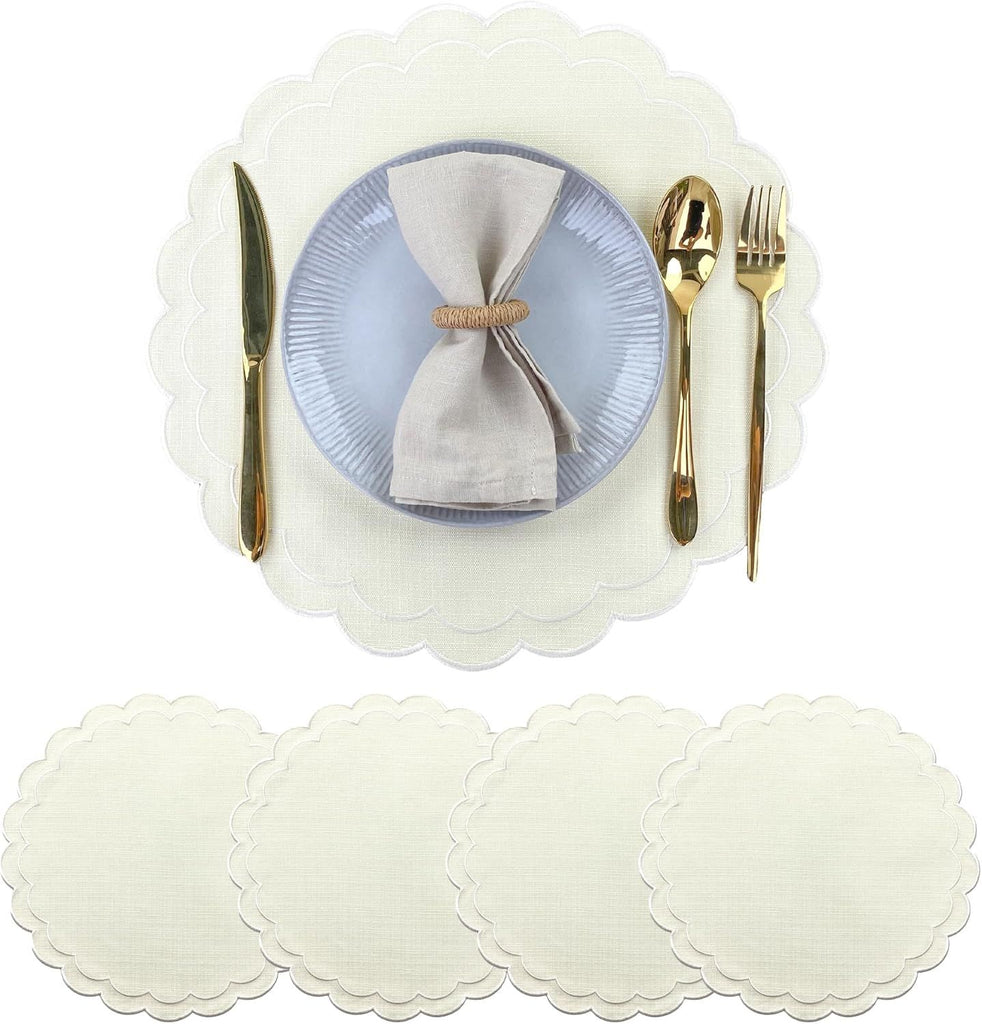 Linen Cotton Placemats Set of 4 Scalloped Flower Embroidery Place Mats 15'' Natural Linen Texture Fabric Machine Washable Table Mats for Restaurant Kitchen,Table Decor(Butter Yellow)