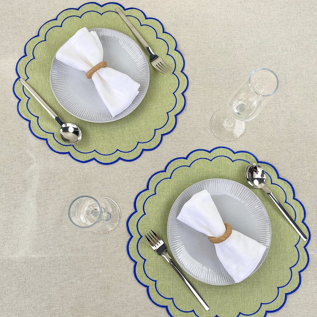 Linen Cotton Placemats Set of 4 Scalloped Flower Embroidery Place Mats 15'' Natural Linen Texture Fabric Machine Washable Table Mats for Restaurant Kitchen,Table Decor(Matcha Green)