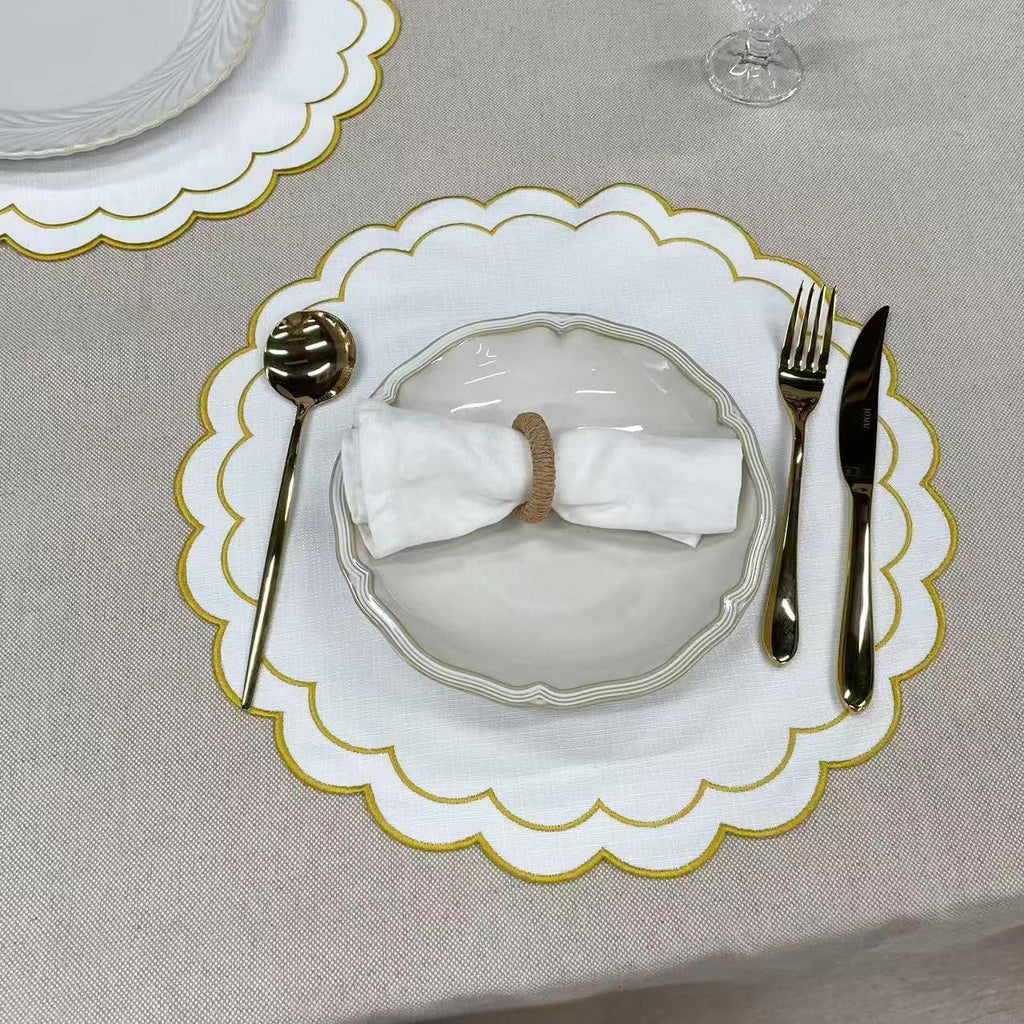 Linen Cotton Placemats Set of 4 Scalloped Flower Embroidery Place Mats 15'' Natural Linen Texture Fabric Machine Washable Table Mats for Restaurant Kitchen,Table Decor(White)