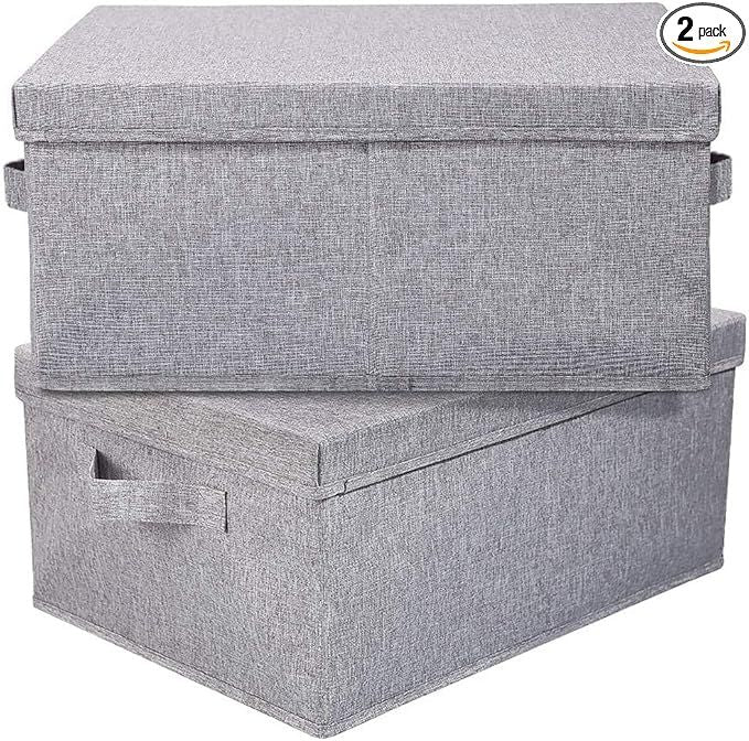 Linen Foldable Storage Bins with Lids, 2 Pack, Storage Boxes with Carrying Handles and Sturdy Heavy Cardboard, 16.5" L x 11.8" W x 7.5" H for Shoes, Books, Clothes, Light Grey