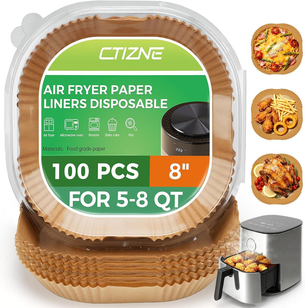 Liners Disposable, 100 PCS Non-Stick Air Fryer Paper Liners, Waterproof and Oilproof for Easy Cleanup, 8" Square Unbleached Parchment Paper for 5-8 QT Air Fryer, Baking, Microwave, Oven