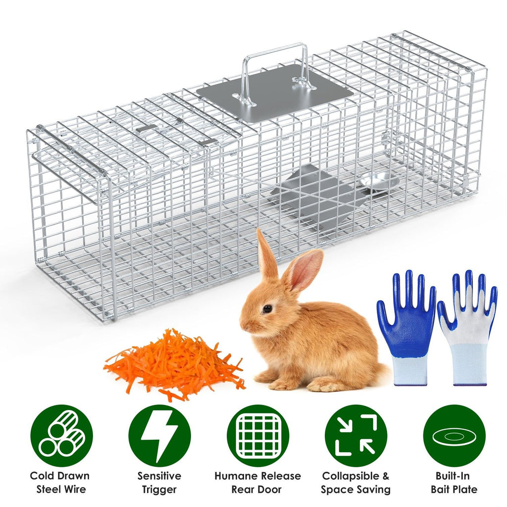 Live Animal Trap Cage 27x7.5x8in Folding Catch and Release Steel Humane Cat Trap for Racoons Stray Cats Rabbits Beavers Hedgehogs Chipmunk Small Animals