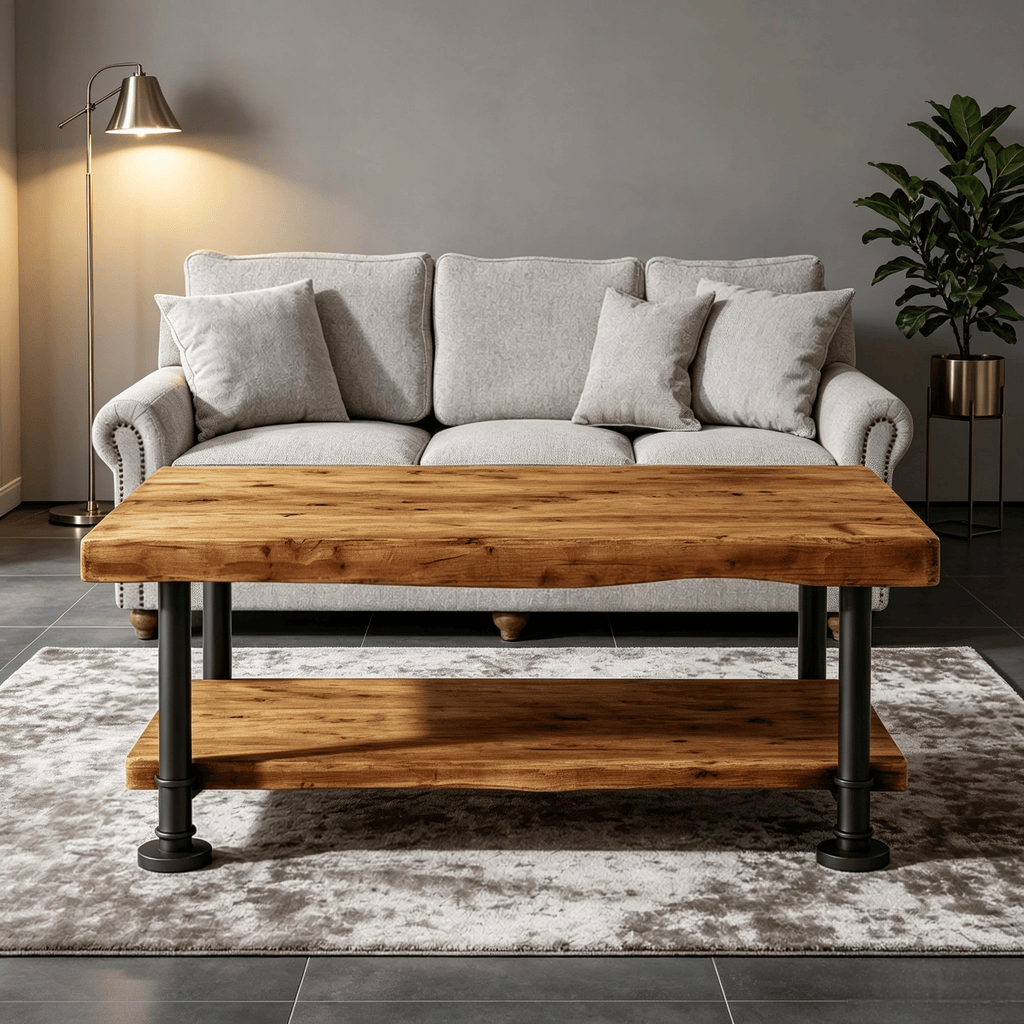 Live Edge Wood Coffee Table 47 Inch with Storage Shelf Rustic Natural Wood Top Console Table for Living Room