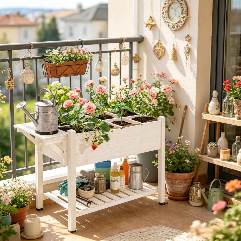 Lockable wheel elevated garden bed planting box with 8 growth grilles and storage racks - outdoor garden bed