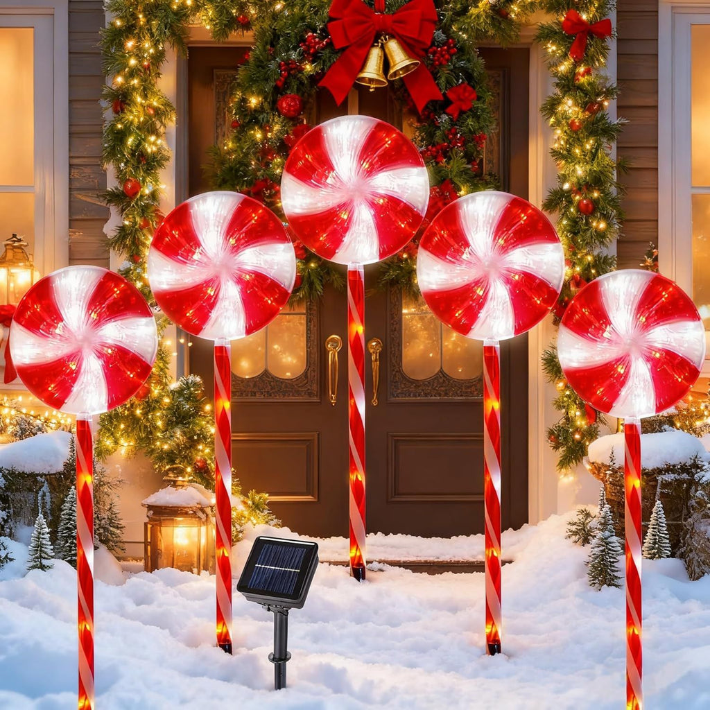 Lollipop Solar Christmas Pathway Lights Outdoor, 5 Pack LED Christmas Decor with 8 Lighting Modes, Light Up Solar Stake Lights for Holiday, Xmas, Walkway, Sidewalk (Red, 5 PCS)