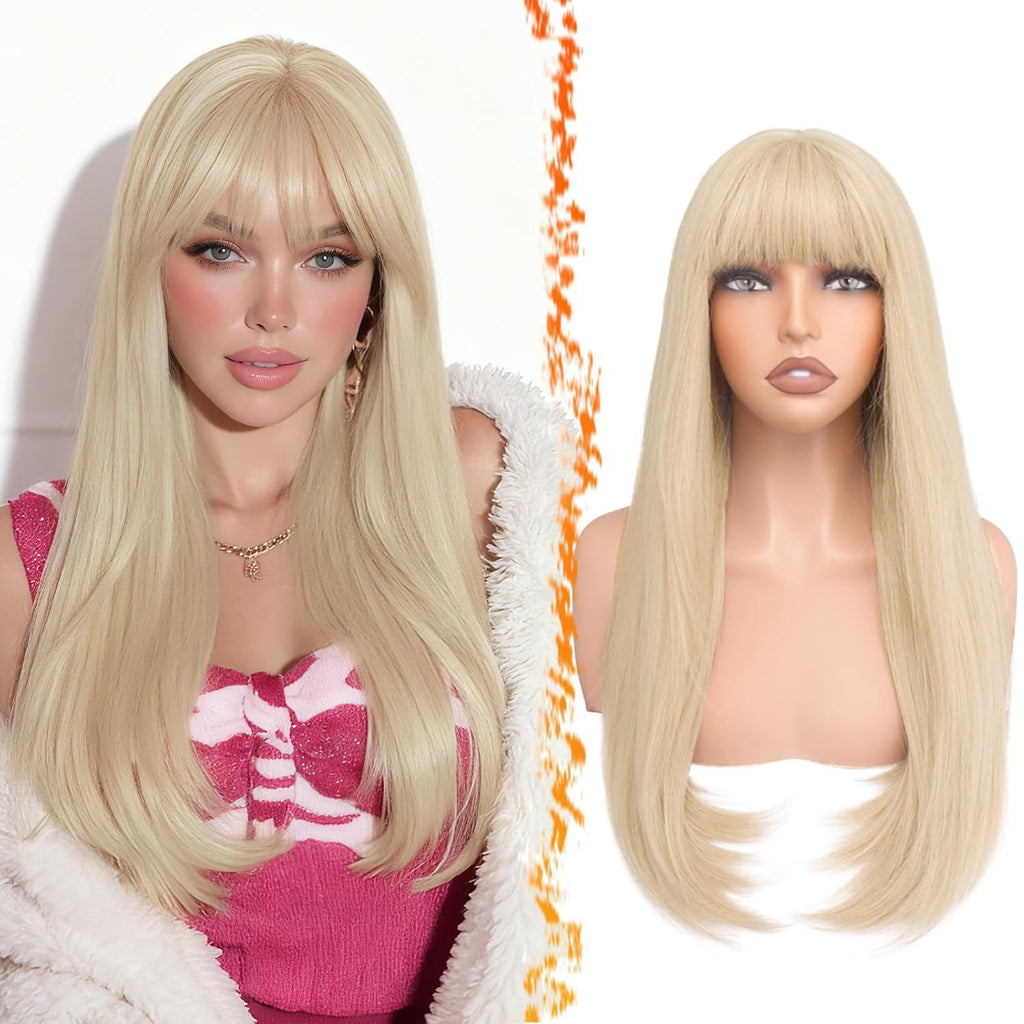 Long Blonde Wig With Bangs - Long Straight Blonde Wig with Bangs for Women - 24 Inch Natural Looking Thick Soft Synthetic Hair Replacement Wigs Daily Cosplay Party Halloween