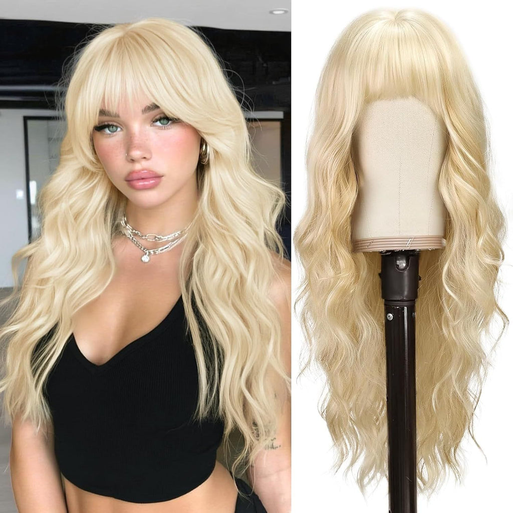 Long Wavy Blonde Wig With Bangs - 26 Inch Long Wavy Blonde Wig with Bangs for Women - Thick Soft Synthetic Hair Replacement Wigs Natural Looking Daily Cosplay Party Halloween