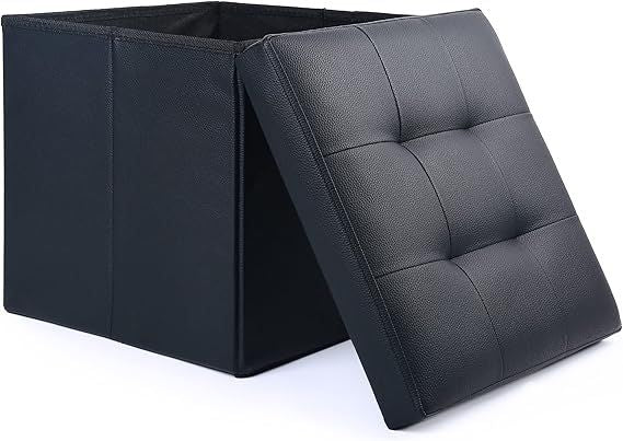 LotFancy Storage Ottoman, Foldable Foot Rest Stool, 13x12x12 Inches Small Leather Bench with Storage, Holds up to 260 lb, for Living Room, Bedroom, Dorm, Black