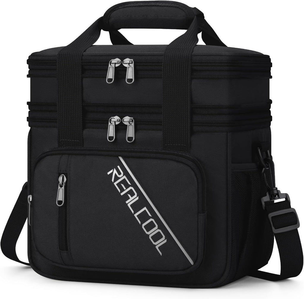 Lunch Bag, Insulated Lunch Box for Men Women, Double Deck Leakproof Soft Cooler Bag with Adjustable Strap, Reusable Lunchbox for Work, Travel, Camping (Black)