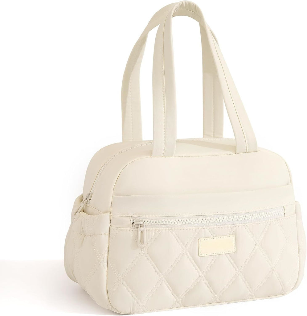 Lunch Box for Women Men, Cute Reusable Insulated Lunch Tote Bag, Beige | Quilted Lunch Bag, Lightweight Soft Puffy Padded Lunch Cooler for Work Picnic Office Beach Travel Meal Prep Adults
