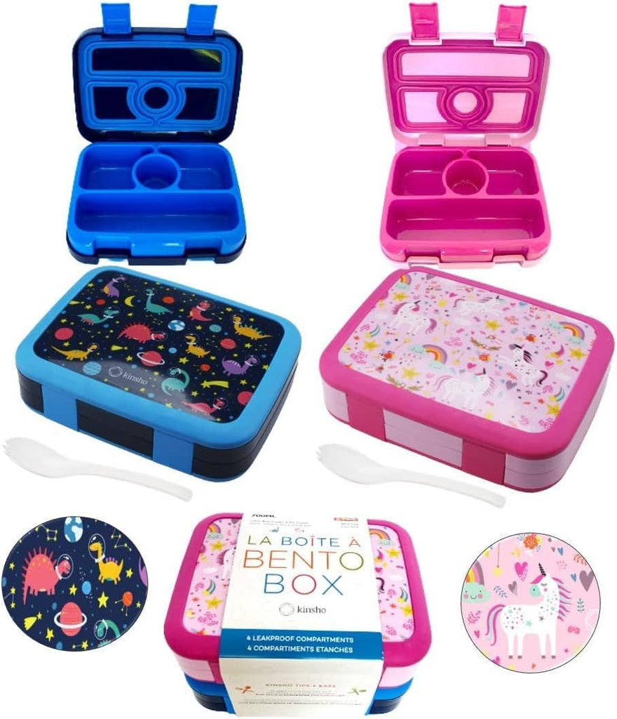 Lunch Boxes for Kids Boys Girls, Snack Containers for Toddler Daycare, Pre-School Lunches, 4 Divided Compartments, Pink Unicorn + Blue Space Dinosaur 2 pack