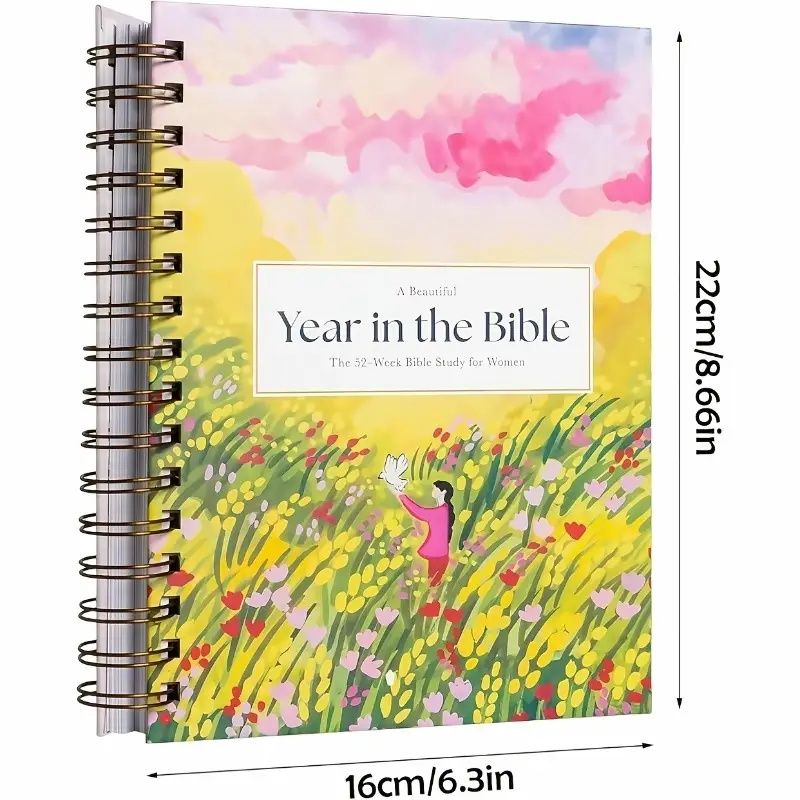 Luxurious spiral-bound 52-week Bible Study for Women - High-quality printing, red cover with soft illustrations, the perfect gift for communicating with God and learning
