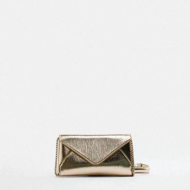 Luxury Metallic Gold Mini Envelope Clutch, Thin Chain Strap Evening Bag for Formal Occasions