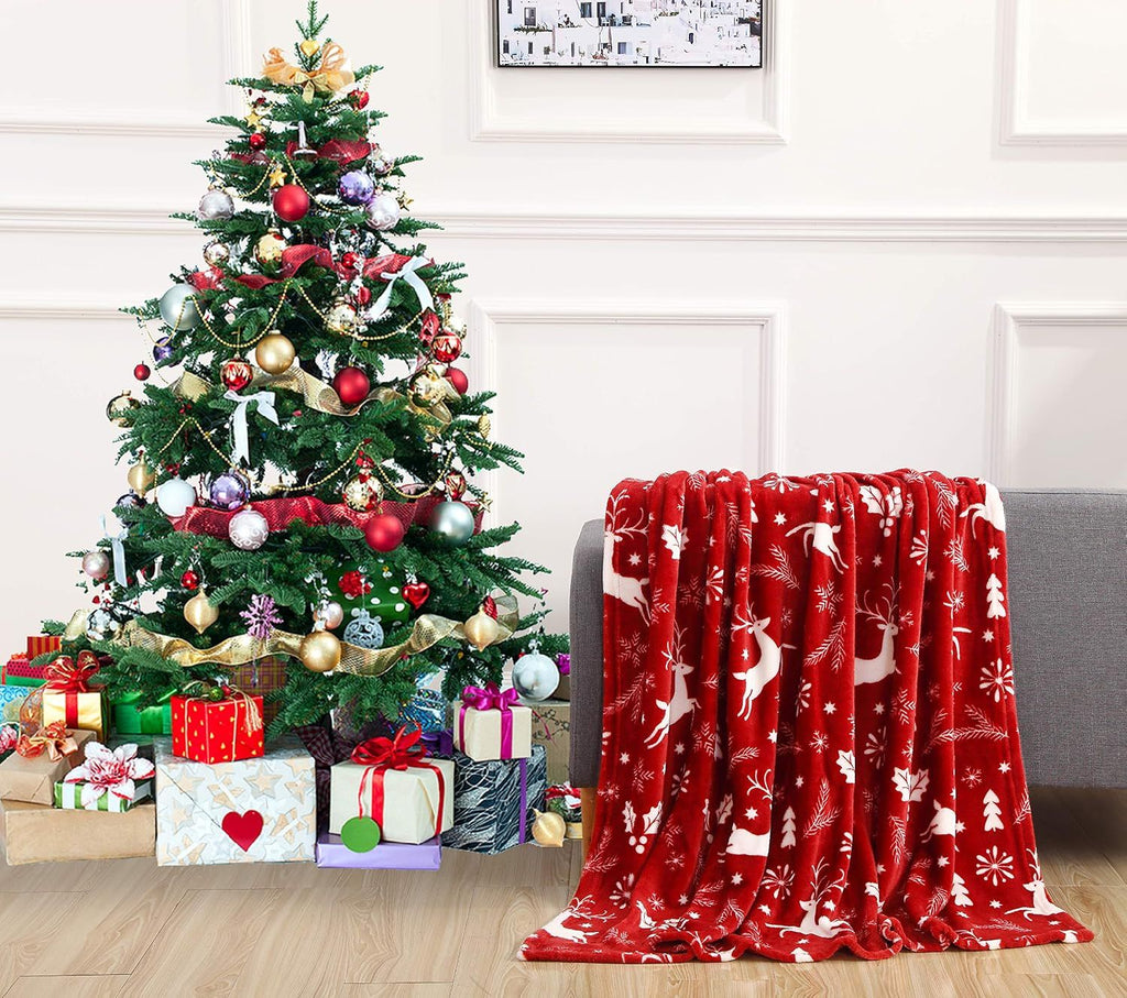 Luxury Velvet Super Soft Christmas Prints Fleece Blanket-Holiday Theme Home Décor Fuzzy Warm and Cozy Throws for Winter Bedding, Couch and Gift, 50 x 60 inch, Burgundy Reindeer