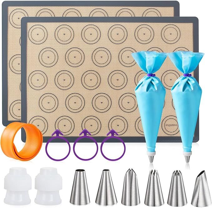 Macaron Silicone Baking Mats Kit (16pcs set) Macaroon Baking Mat Set of 2 Half Sheet Macaron Silicone Mat Nonstick Macaron Mat Sheet,6 Piping Tip,2 Piping Bag with 3 Bag Tie,2 coupler