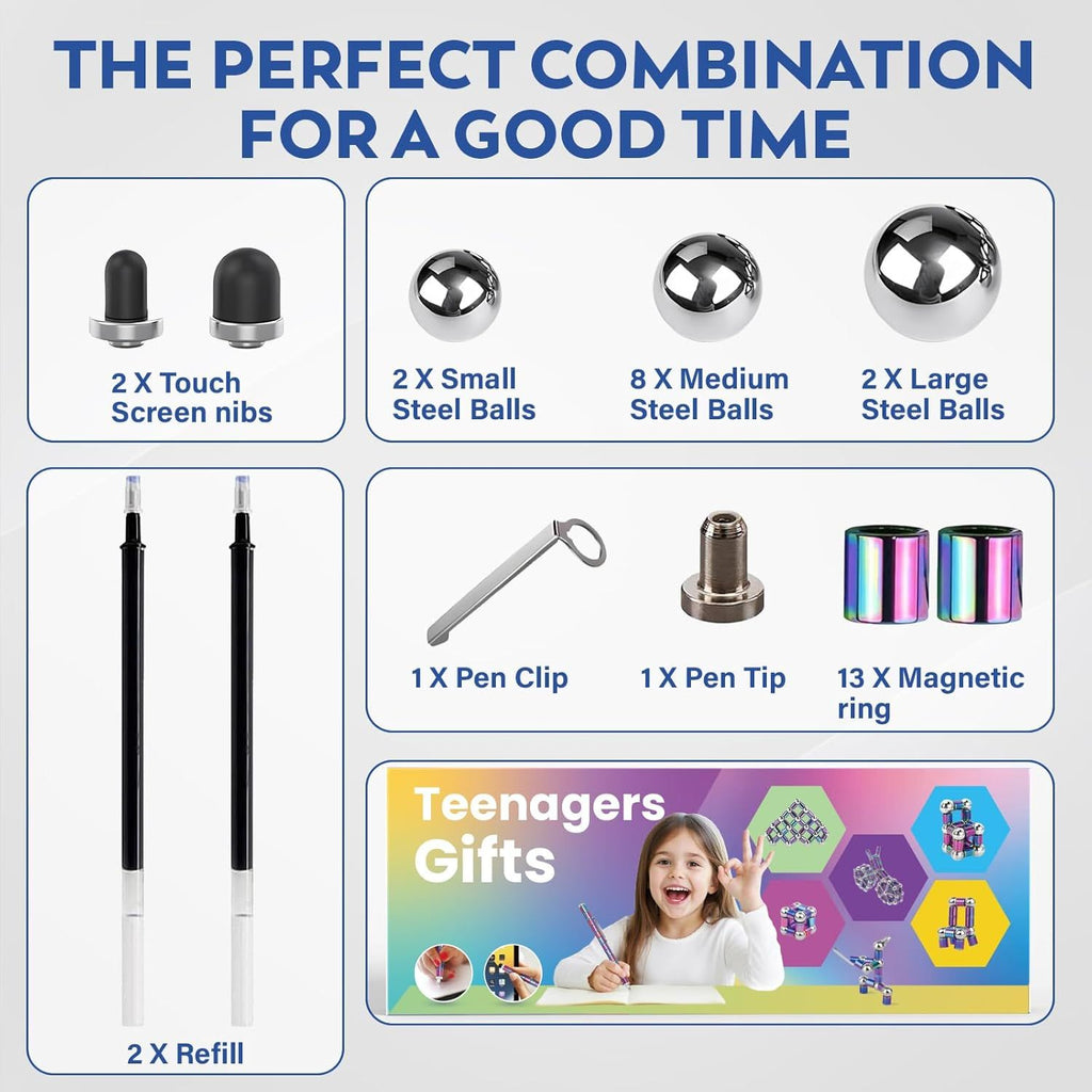 Magnetic Fidget Pen – Writing Tool & Spinner Toy Combo with 13 Colorful Fun Rings, Stress Relief & Focus Gift for Kids 8+, Teens & Adults, Novelty Christmas Stocking Stuffer, Office & Study Toy