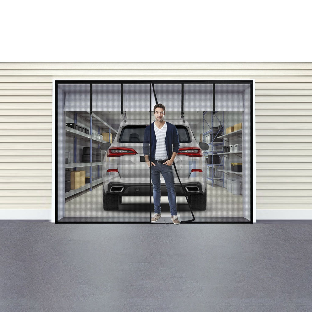 Magnetic Garage Door Screen Single-Car Garage Screen Mesh Fiberglass Garage Net with Magnetic Closure 4 Buckle Straps for One Cars