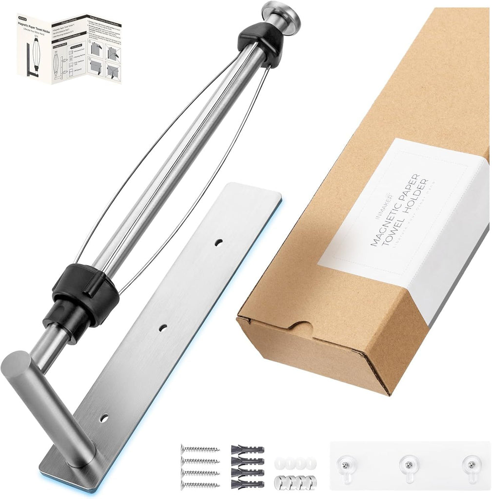 Magnetic Paper Towel Holder, Strong Magnet Paper Towel Holder for Fridge, Kitchen, RV, Garage, Grill with Self Adhesive Wall Mount and Screws, One Hand Tear with Adjustable Damping (Silver)