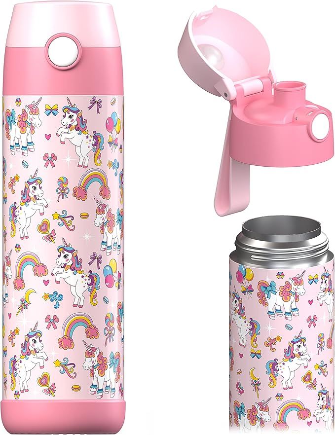 Mali Children's Water Bottle, Thermal Stainless Steel Water Bottle, BPA-Free, Leak-Proof, Children's Bottle with Chug Lid, Bottle for School, Nursery (Unicorn, 500 ml)