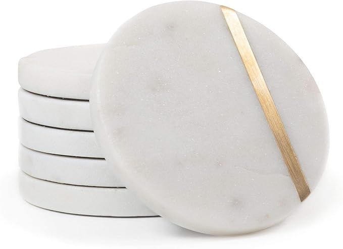 Marble Coasters Set of 6 - Luxury Aesthetic Modern Decor for Coffee Table- White Marble with Gold Brass Inlay - Real Natural Semi Absorbent Stone Coasters