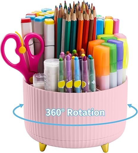 Marbrasse Desk Organizer, 360-Degree Rotating Pen Holder, Desk Organizers and Accessories with 5 Compartments Pencil Holder, Art Supply Storage Box Caddy for Office, Home