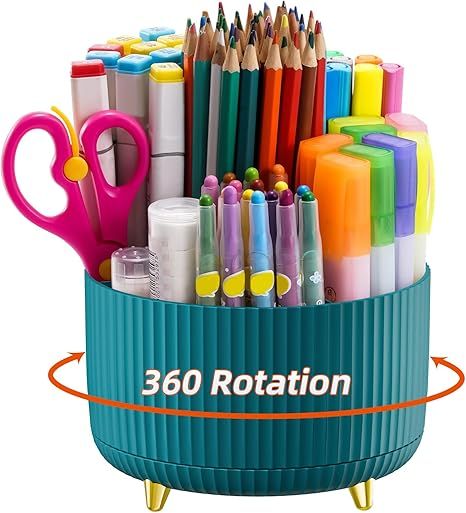 Marbrasse Desk Organizer, 360-Degree Rotating Pen Holder, Desk Organizers and Accessories with 5 Compartments Pencil Organizer, Art Supply Storage Box Caddy for Office, Home