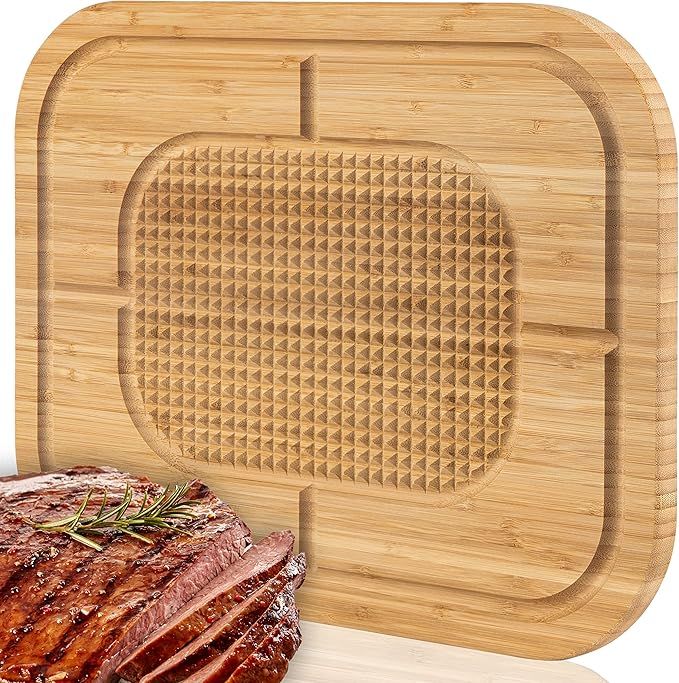 Masirs Bamboo Wood Cutting Board - Reversible Sides for Cutting and Carving, Raised Ridges to Hold Meat in Place and Deep Grooves to Trap Juices. Great for Holiday, Thanksgiving and Christmas Dinner
