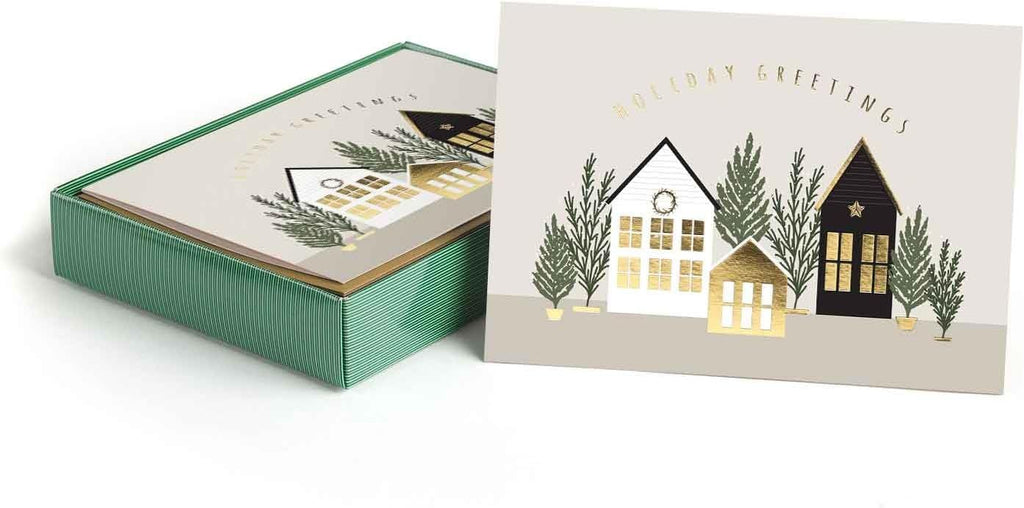 Masterpiece Holiday Houses Cards / 16 Boxed Winter Holidays Greeting Cards With Gold Envelopes