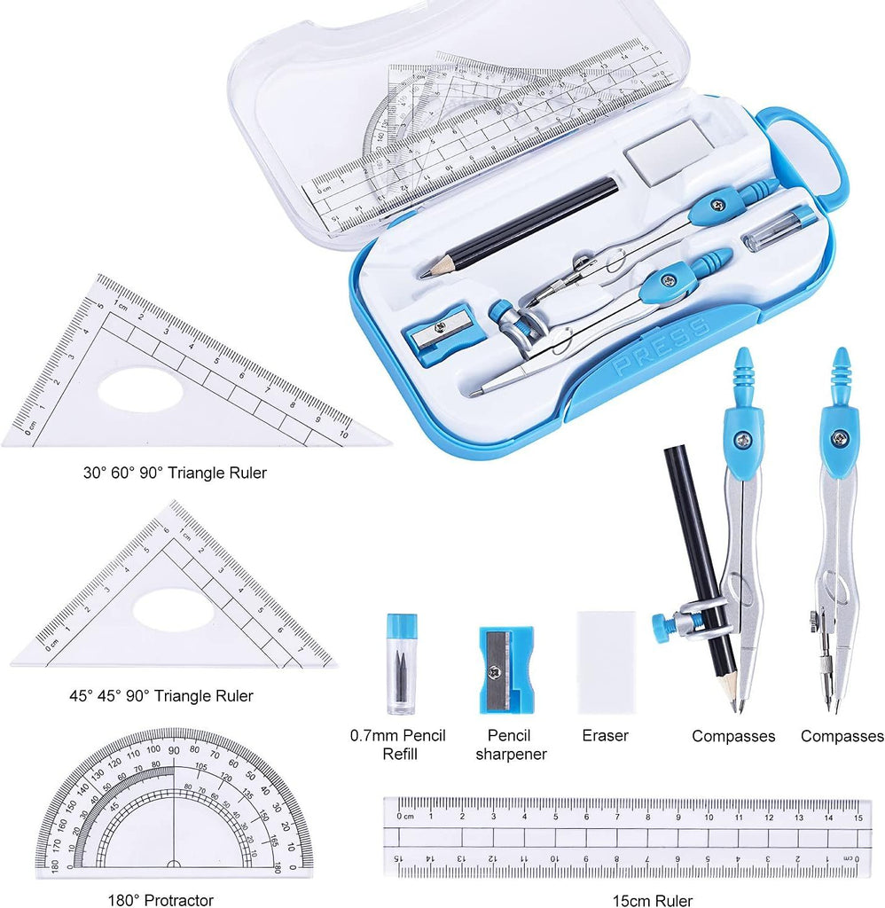 Math Geometry Kit Set 10 Pieces with Shatterproof Storage Box, Student Supplies Drawing Compass Includes Protractor, Rulers, Compass, Pencil Sharpener, Lead Refills, Pencil, Eraser