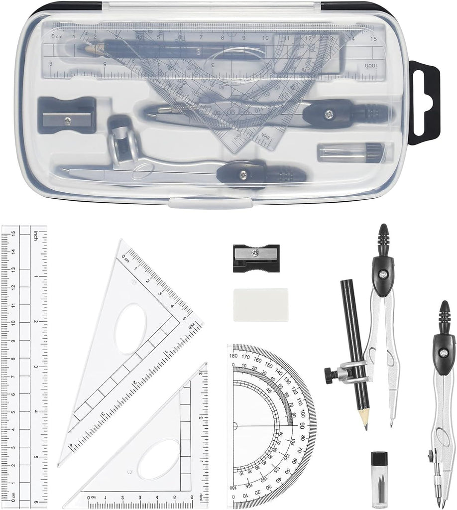 Math Geometry Kit Sets 10 Piece Student Supplies with Shatterproof Storage Box,Includes Rulers,Protractor,Compass,Eraser,Pencil Sharpener,Lead Refills,Pencil,for Drafting and Drawings