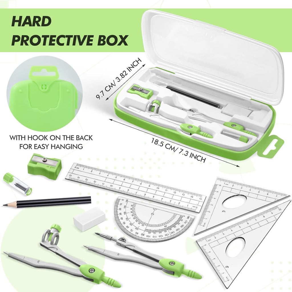 Math Geometry Set 10 Pcs Student Supplies with Shatterproof Storage Box, Includes Rulers Protractor Compass Pencil Sharpener Lead Refills Eraser Pencil for Drafting and Drawings