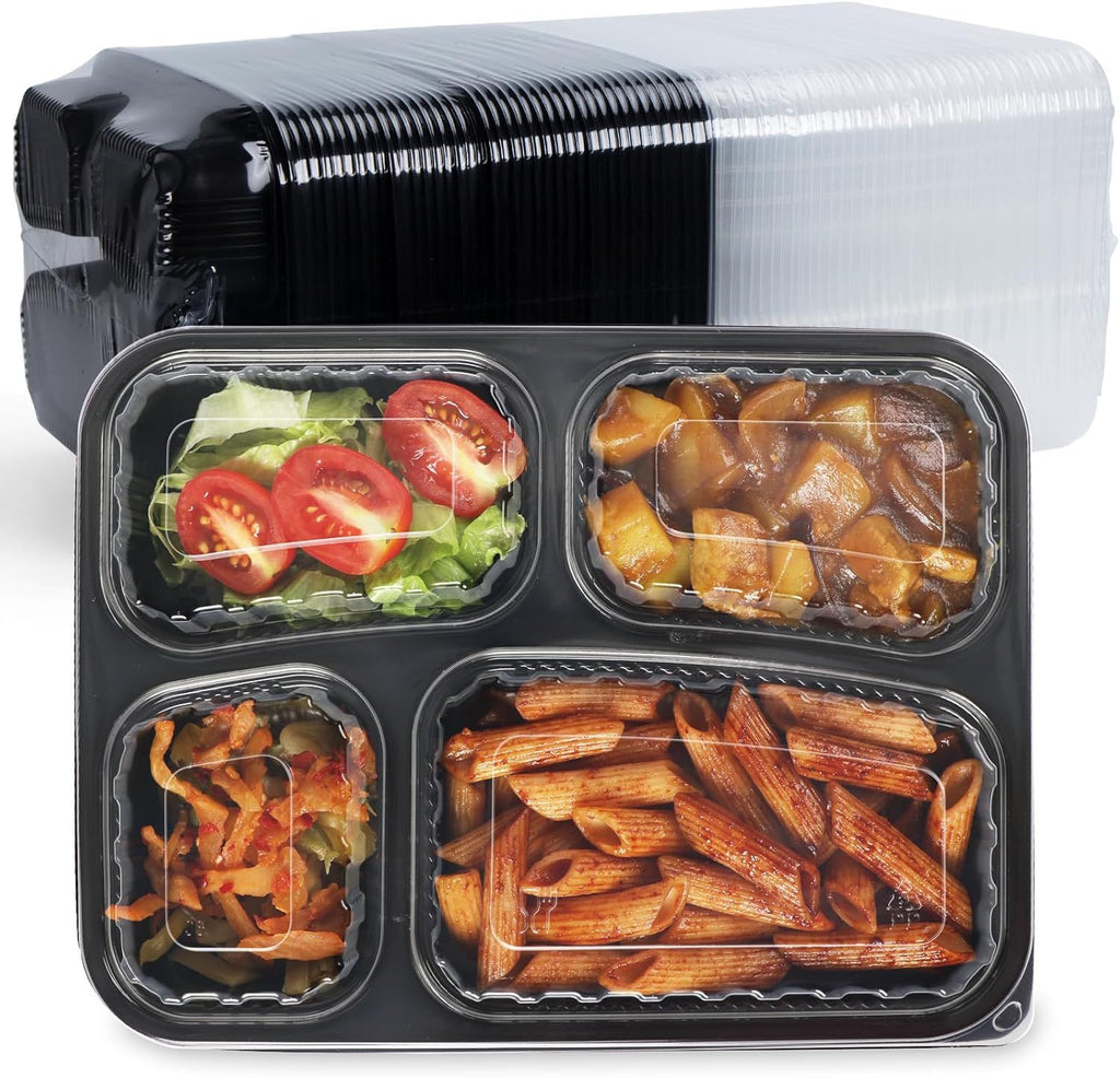 Meal Prep Container Reusable 40 Pack 34oz - Shrink Wrap Leakproof | Portion Control Leftover Plastic Food Containers with Lid | BPA Free Freezer & Microwave Safe | 4 Compartment Takeout Boxes