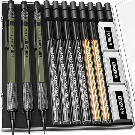 Mechanical Pencil Set with 72 Lead Refill, 3PCS Metal Weatherproof Body Heavy Duty Carpenter Pencil, 3 Eraser, 16 Eraser Refill, for Outdoor Woodworking Drafting Marking with Case