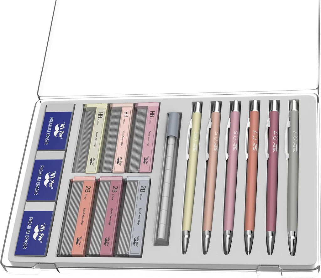 Mechanical Pencil Set with Lead and Erasers Refills, 6 Pack, Boho Theme, 0.5mm & 0.7 mm, Cute Aesthetic Pastel Led Pencils 0.7mm