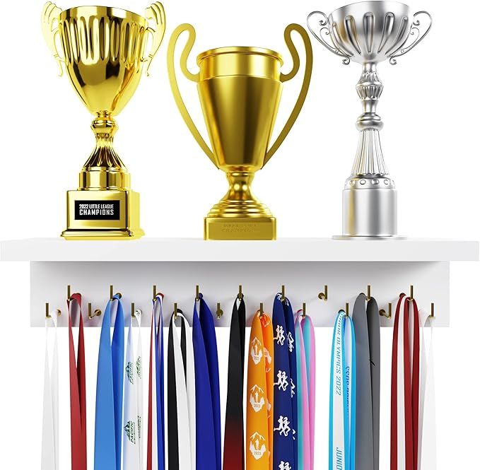 Medal Hanger Display and Trophy Shelf with Hooks - Wooden Medal Holder for Wall Mount Ribbon Display, Trophy Display Shelf for Gymnastics, Soccer, Running Race Medals Awards Rack