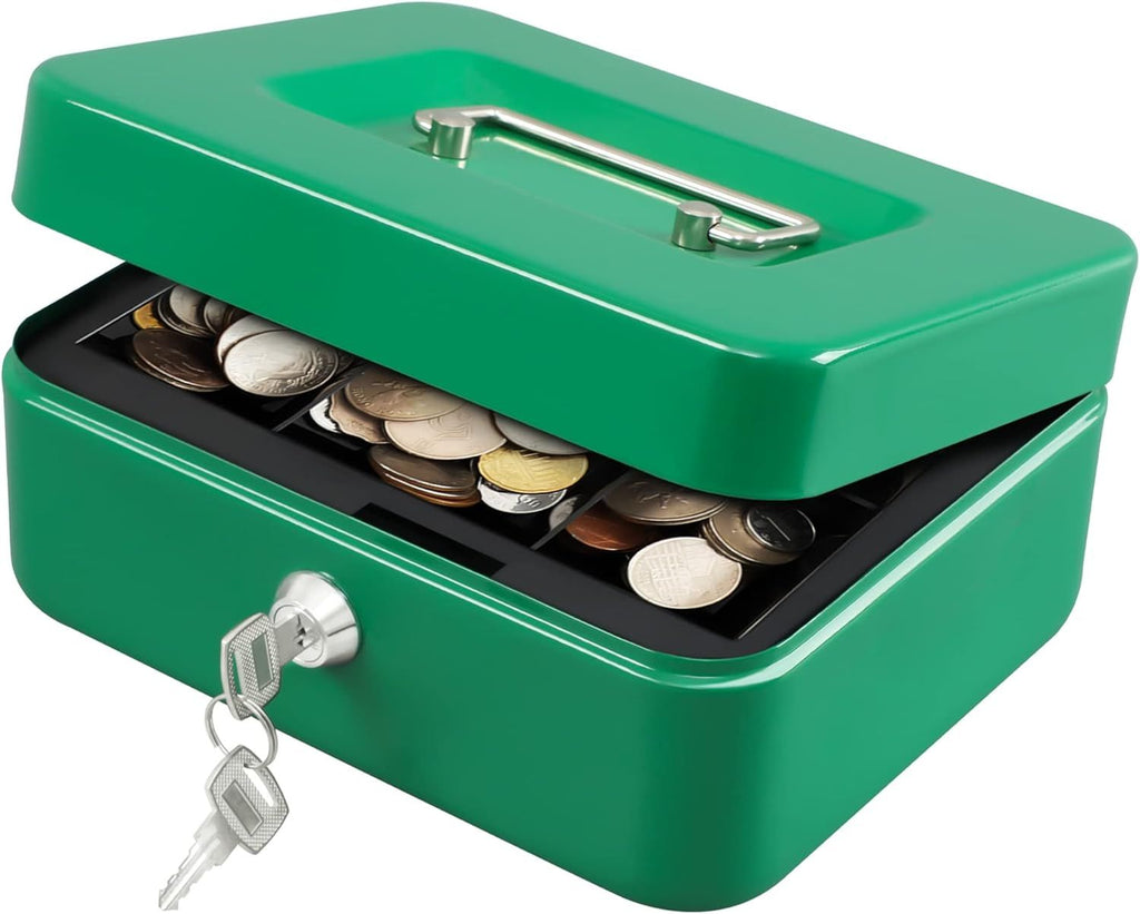Medium Cash Box with Money Tray, Small Safe Lock Box with Key, Cash Drawer,7.87"x 6.30"x 3.54" Green Medium