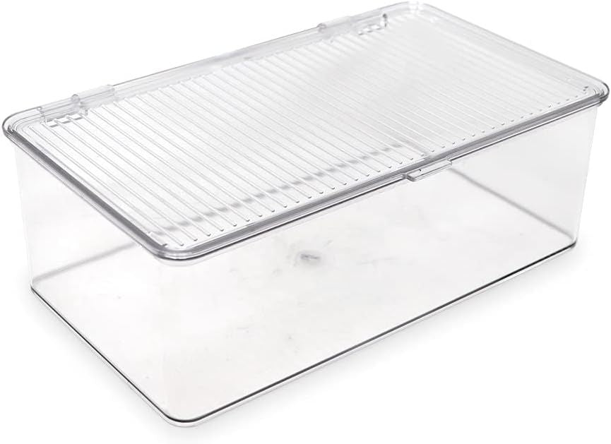 Medium Stackable Organizer Bin (10.75'x6.5'x3.7') w/ Hinged Lid, Clear Storage Box, Home, Office, School, Fridge, Bathroom, Kitchen, Pantry Container, BPA-Free, Food Safe (Medium, Clear)