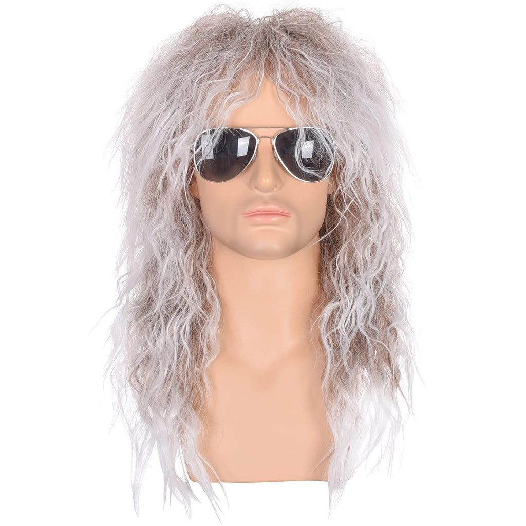 Men's 80s Style Wigs | Long Curly Silver Gradient Brown Synthetic Hair | Heavy Metal, Glam Rock-Rocker Wig | Perfect for Halloween, Cosplay, DIY Themed Costume Party