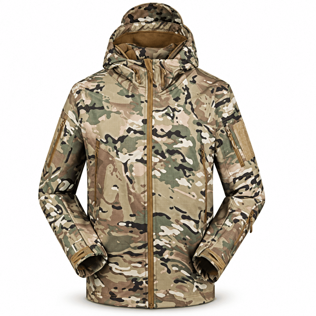 Men's Hooded Outdoor Jacket, Full Zip Tactical Style Jacket with Multiple Zipper Pockets and Adjustable Cuffs for Hiking, Camping and Travel, S–XXXL