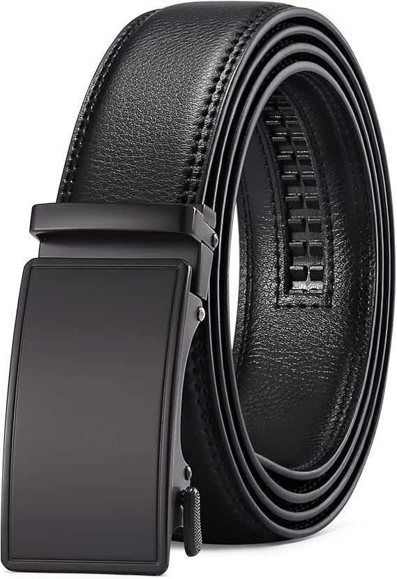 Men's Leather Belt Automatic Ratchet Buckle Slide Belt for Dress Casual Trim