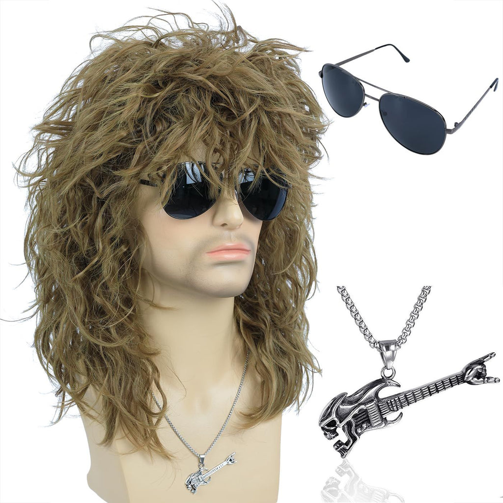 Men's Women 80s Rocker Mullet Wig with Glasses and Necklace - Long Blonde Curly Glam Rock-Rockstar Wig - Perfect for Halloween, Cosplay, DIY Themed Costume Party