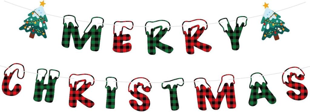 Merry Christmas Banner Indoor, Pre-Strung Mantle Christmas Decor, Buffalo Plaid Xmas Banner with Tree, Merry Xmas Sign for Winter New Year Party Fireplace Hanging Sign Supplies