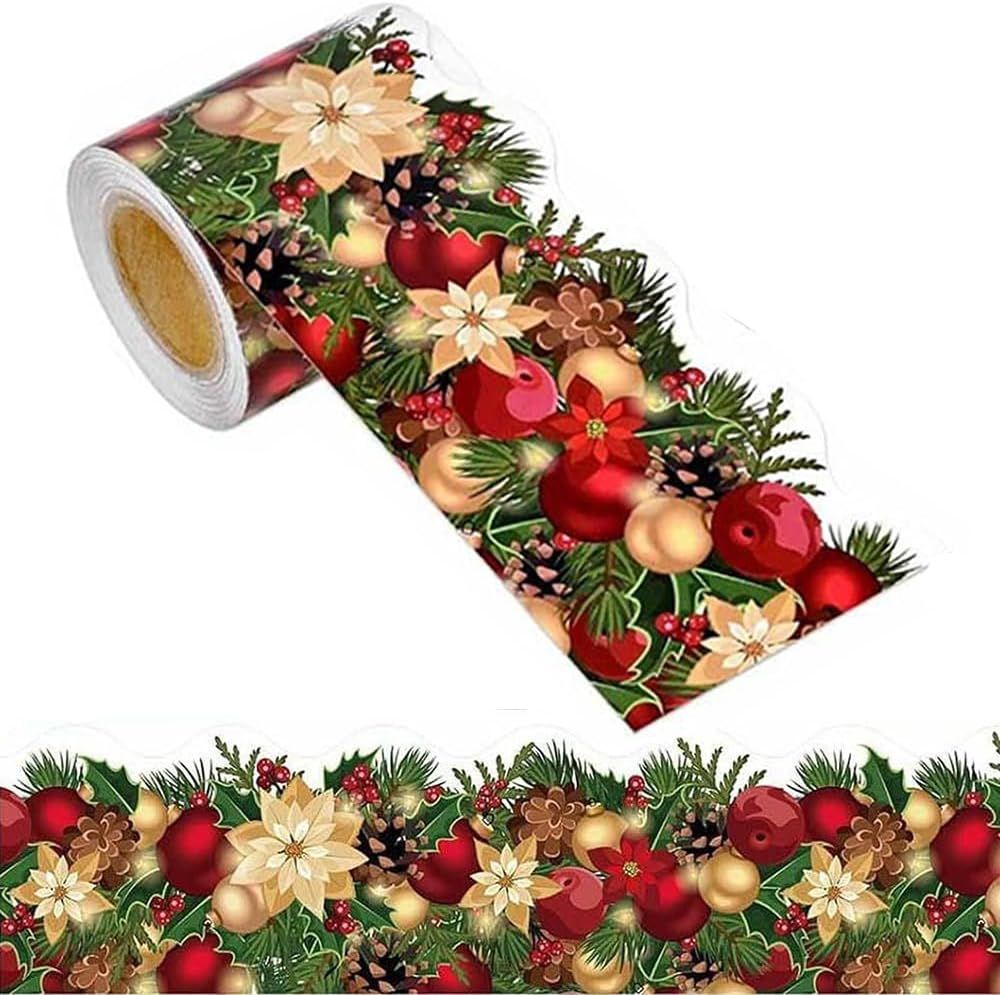 Merry Christmas Stickers - 3 Inch Roll, Self-Adhesive, Pinecone Berry Patterns, Decals for Greeting Cards, Photo Frames, Windows & Craft DIY Decoration