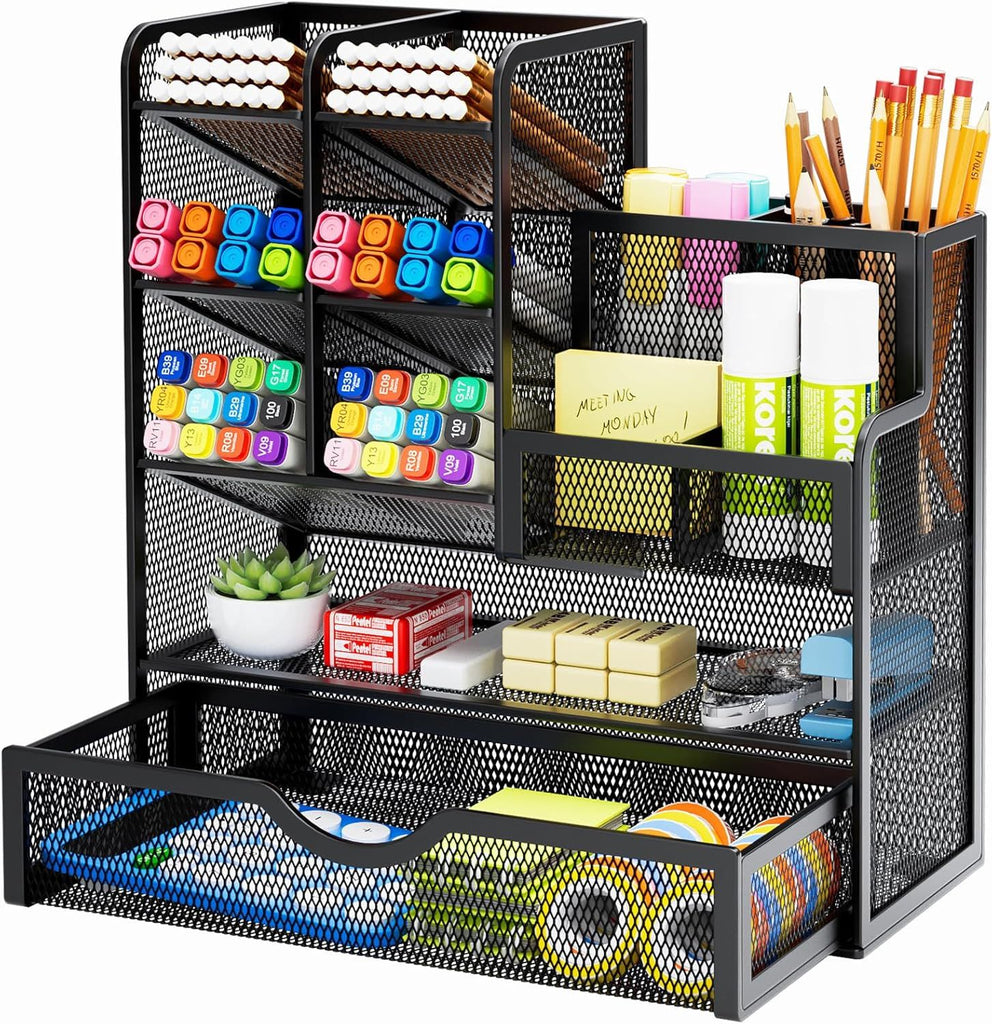 Mesh Pen Holder for Desk, Multi-Functional Pencil Organizer with Drawer, Desk Organizer