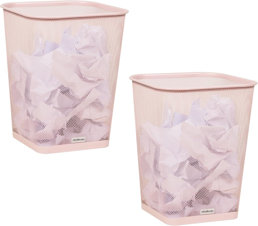 Mesh Trash Can, Square Wastebasket for Office or Home, 5 Gallon Capacity, Metal Mesh, Set of 2, PinkMesh Trash Can, Square Wastebasket for Office or Home, 5 Gallon Capacity, Metal Mesh, Set of 2, Pink