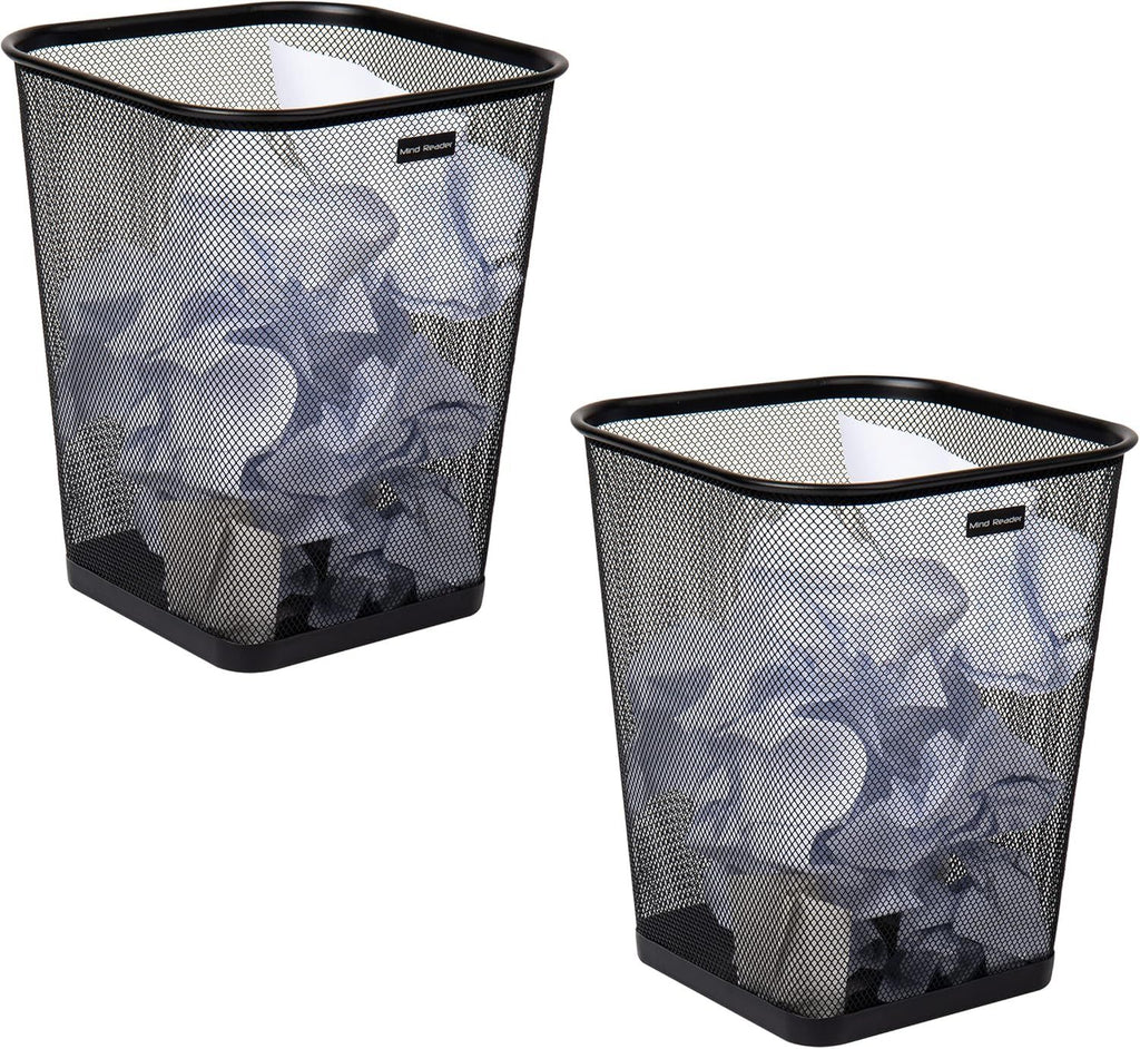 Mesh Trash Can, Waste Paper Basket, Square, Office, Metal Mesh, 9.75"L x 9.75"W x 12.25"H, Set of 2, Black