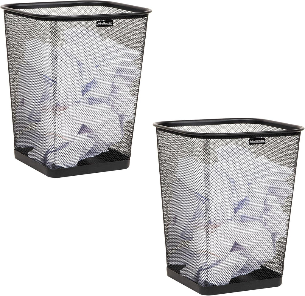 Mesh Trash Can, Waste Paper Basket, Square, Office, Metal Mesh, Set of 2, Black