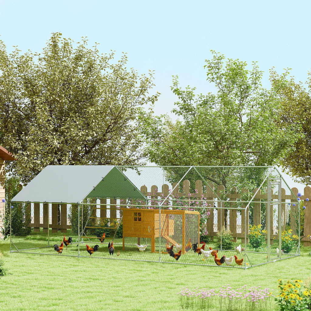 Metal Chicken Run w/ Waterproof & Anti-UV Cover, Feeding Door, Hanging Feeder, for 18-24 Chickens, 9.8' x 19.7' x 6.4'
